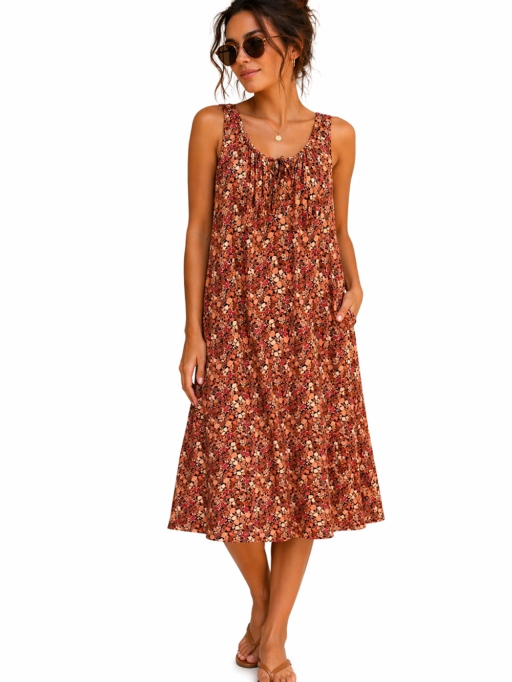Old Navy Boho Floral Midi Dress Sleeveless Tie Neck Rust Brown Flowy Medium‎